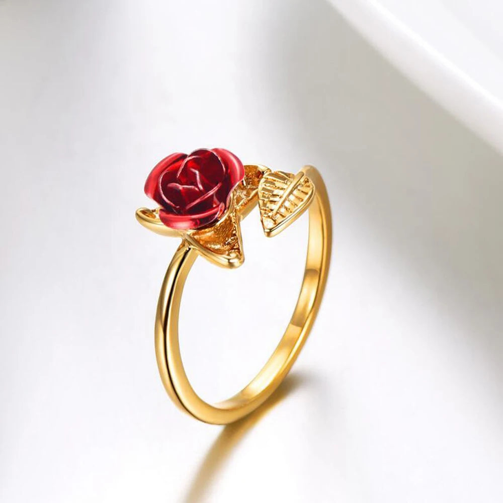 Red Rose Flower Leaves Opening Ring For Women Rhinestone Flowers Adjustable Finger Ring Valentine's Day Engagement Jewelry Gift