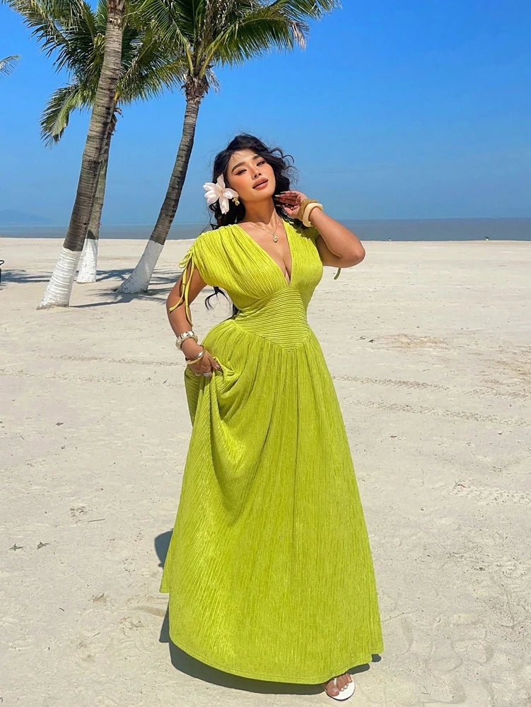 Plus Size Women's Holiday Casual Seaside Bright Waisted Short Sleeve Dress Romantic Holiday Pure Colour Pullover