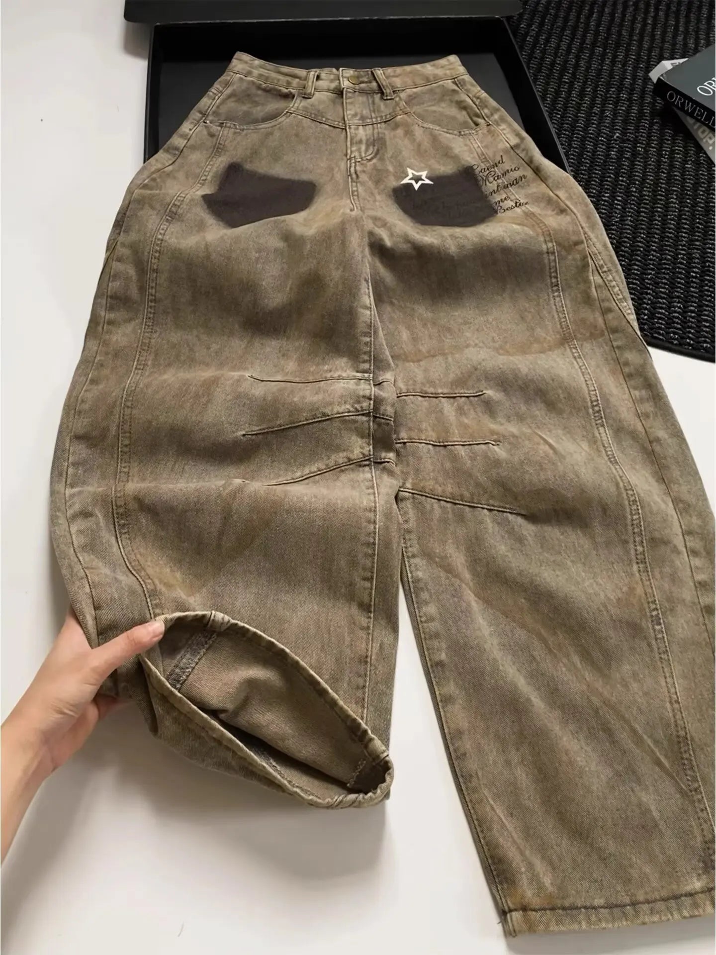 American retro new versatile silhouette curved jeans suitable for both men and women Y2k trendy Harajuku wide leg loose pants