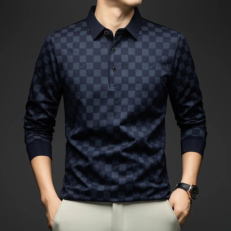 Polo Shirts for Man Autumn Business Slim Fit Long Sleeve T Shirt Men New Casual Loose Pullover Plaid Men Tops & Tees