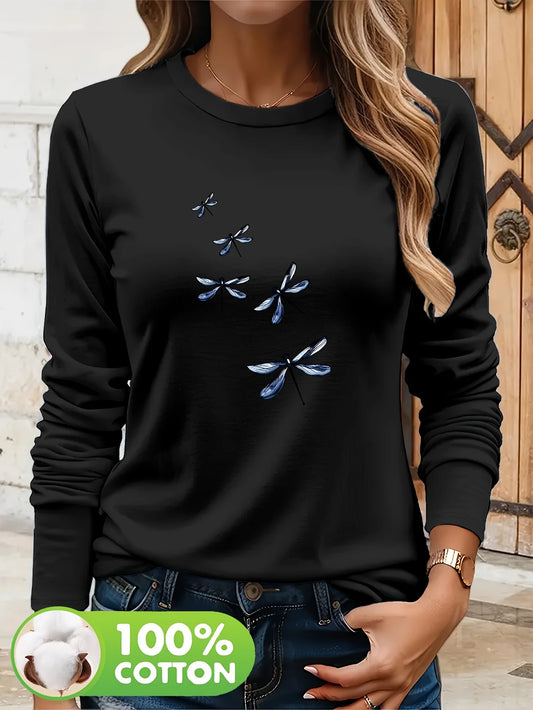 100% Cotton Long Sleeve Dragonfly T-shirt Casual Everyday Chic Pullover All-SeasonTop for Fall Winter Autumn
