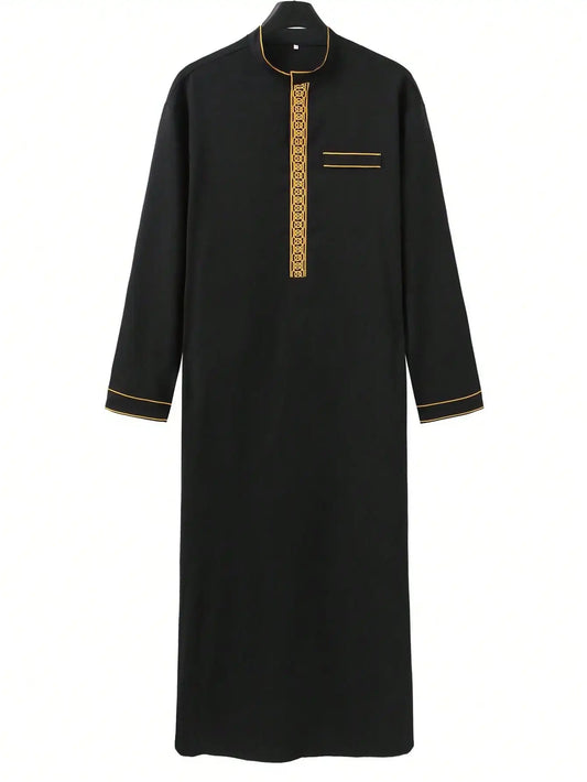 2025Islamic muslim Arabic men's robe long sleeve embroidered stand collar arabian thobe for men