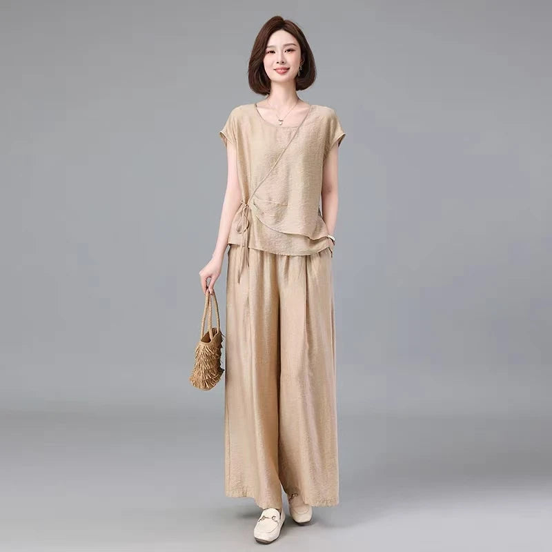 Faionable Summer 2025 Agel Loose Commute Simple Set Ele Senior Women's Cotton Long Pants ort Sve Two-Piece Suit
