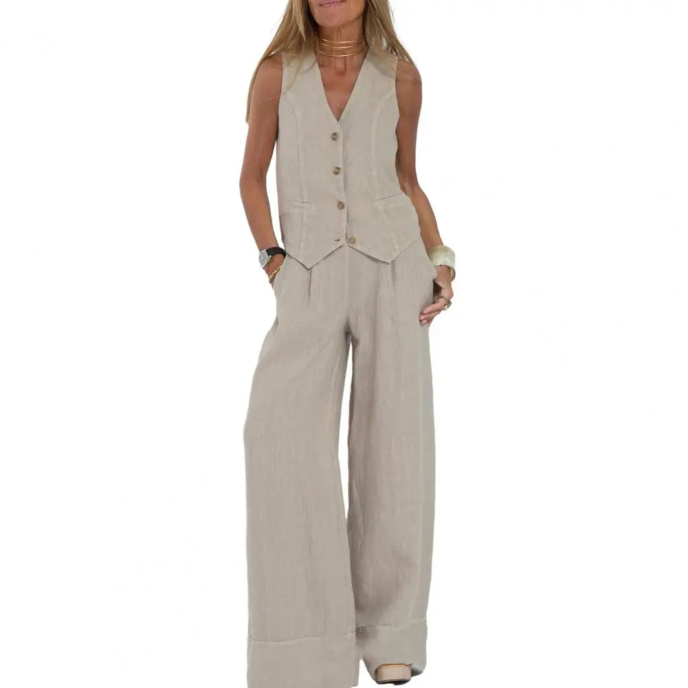 Casual Style Suit Set Fashionable Women's Cotton Linen Suit Sleeveless Vest Wide Leg Pants Set for Office or Casual Wear