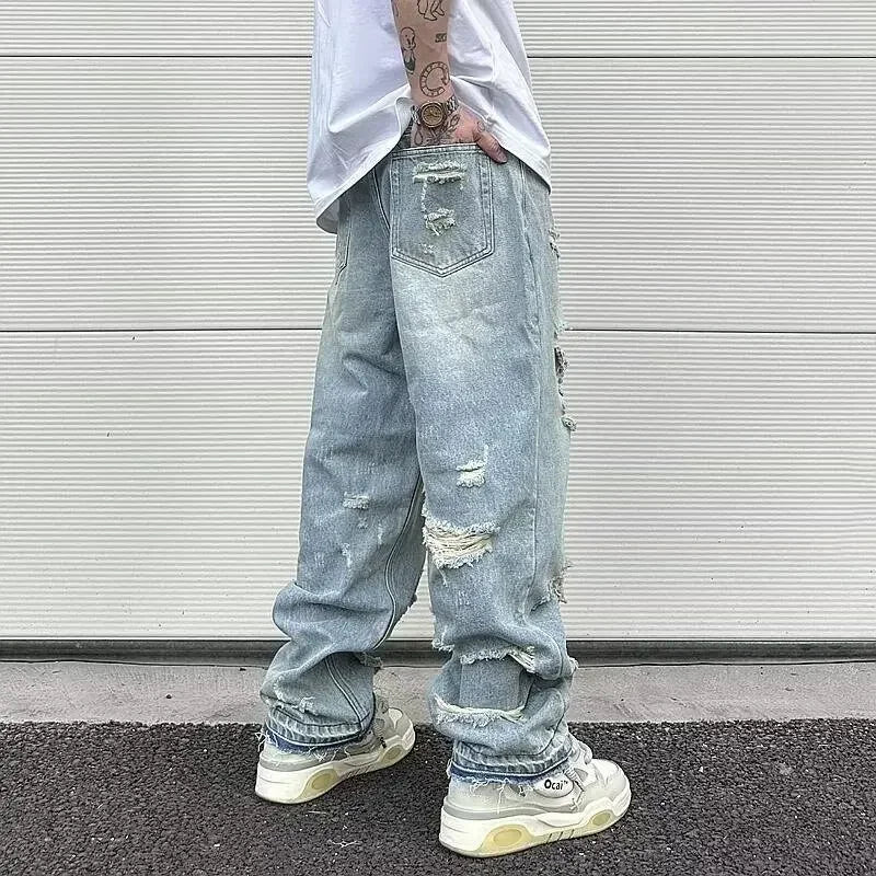 2025 Men's Vintage American Style Distressed Straight-leg Jeans Trendy European American High Street Washing Machine Ripped