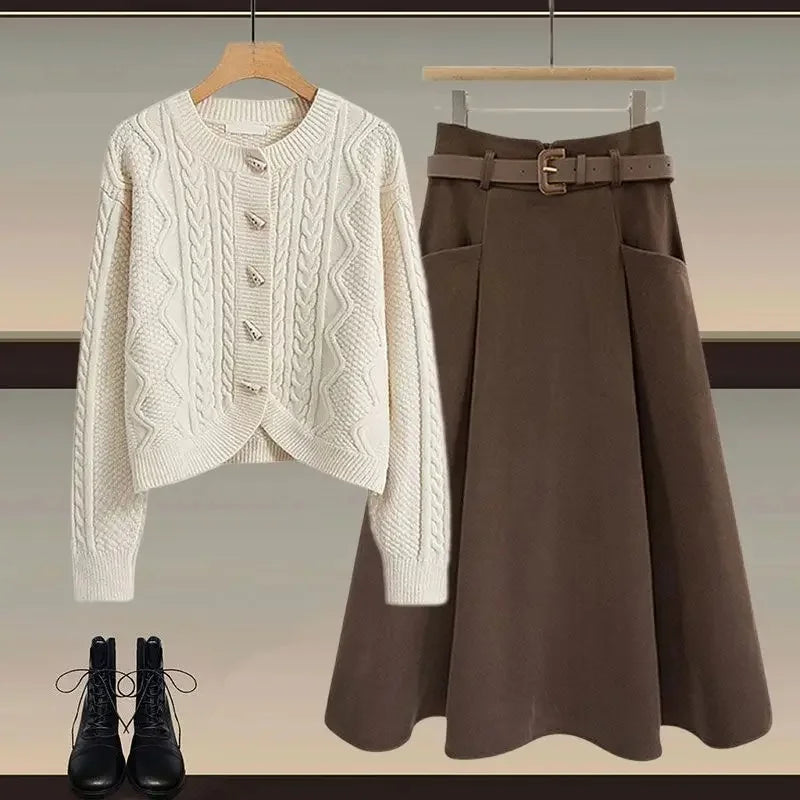 Plus Size Winter Knitted Sweater And Mini Skirt Set for Women Button Design Slimming Top Bottom Piece Outfit Ensemble