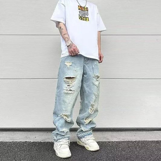 2025 Men's Vintage American Style Distressed Straight-leg Jeans Trendy European American High Street Washing Machine Ripped