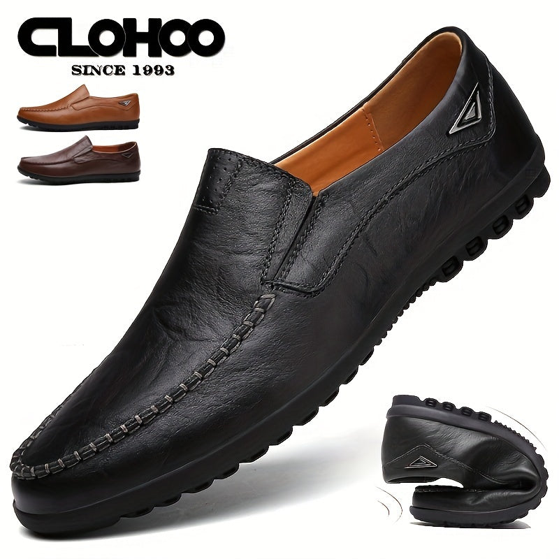 CLOHOO Men'S Genuine Faux Leather Slip-On Loafers - Non-Slip Comfortable Casual Shoes with Round Toe, Black, Rubber Sole, and Faux Cover Lining for All Seasons, Comfortable Footwear | Sleek Loafer Design | Durable Footwear