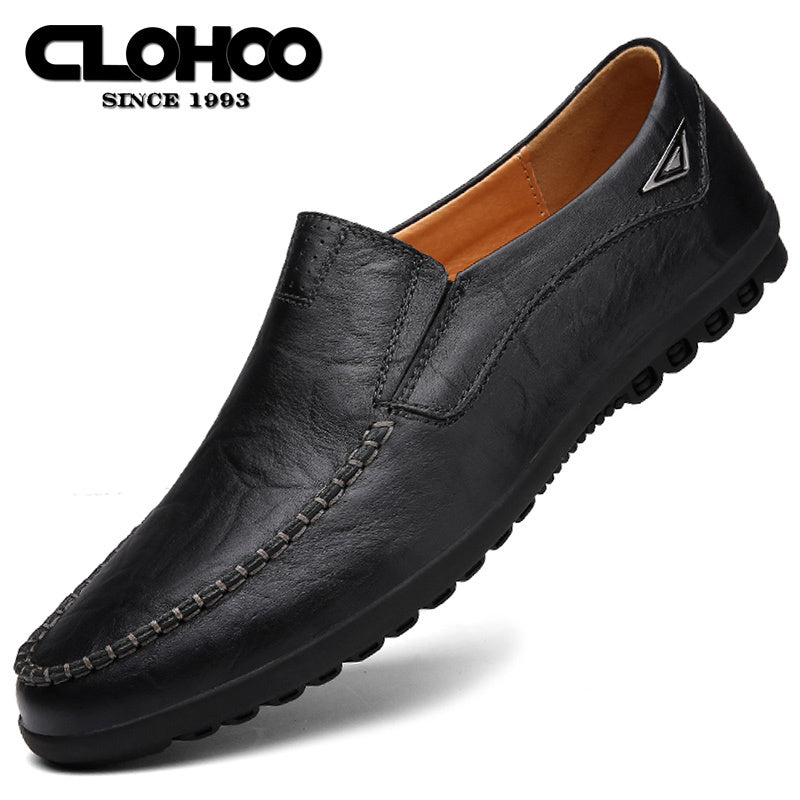 CLOHOO Men'S Genuine Faux Leather Slip-On Loafers - Non-Slip Comfortable Casual Shoes with Round Toe, Black, Rubber Sole, and Faux Cover Lining for All Seasons, Comfortable Footwear | Sleek Loafer Design | Durable Footwear