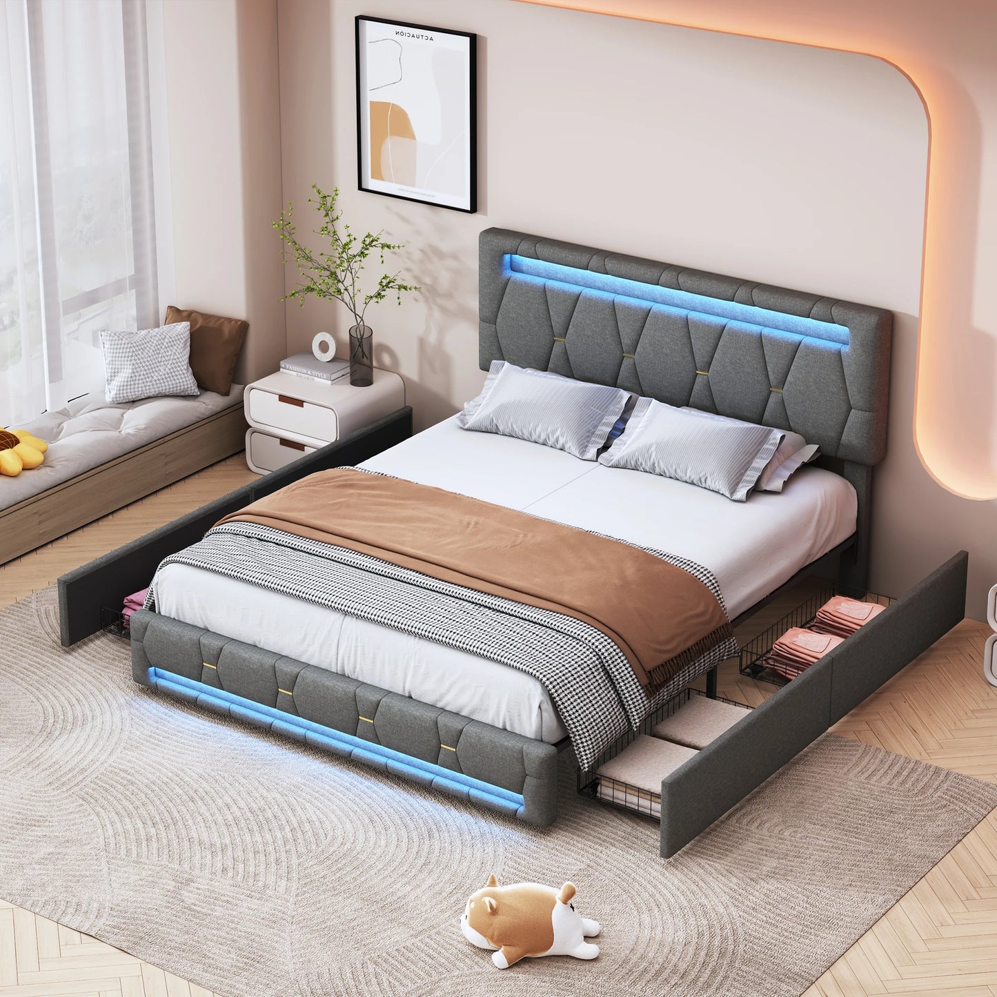 Comanlai Upholstered bed 140x200 cm with USB charging headboard and LED lighting and 4 drawers, double bed frame