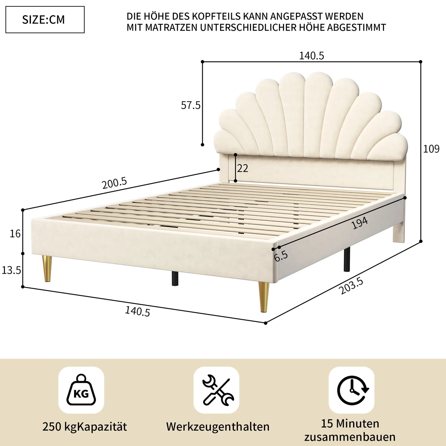 Anajqaqia 90/140x200cm Upholstered Bed, Wooden Double Bed with Flower Shape Headboard and Slatted Frame, Velvet Fabric, Beige