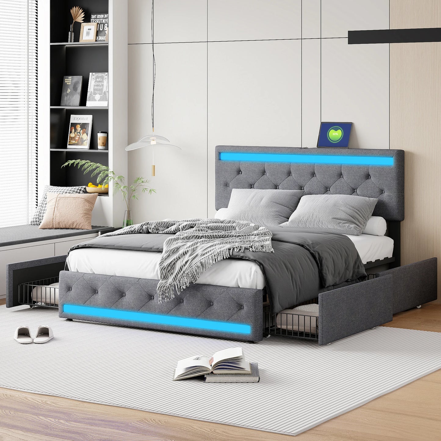 Comanlai Upholstered bed 140x200 cm with USB charging headboard and LED lighting and 4 drawers, double bed frame