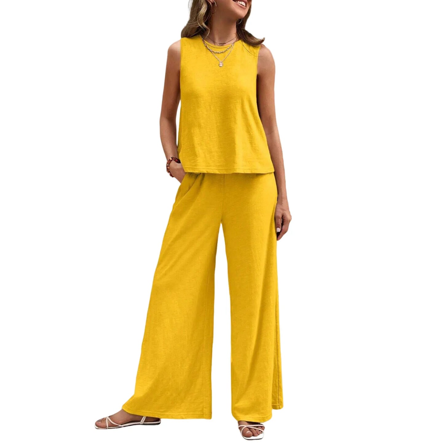 Casual Style Suit Set Fashionable Women's Cotton Linen Suit Sleeveless Vest Wide Leg Pants Set for Office or Casual Wear