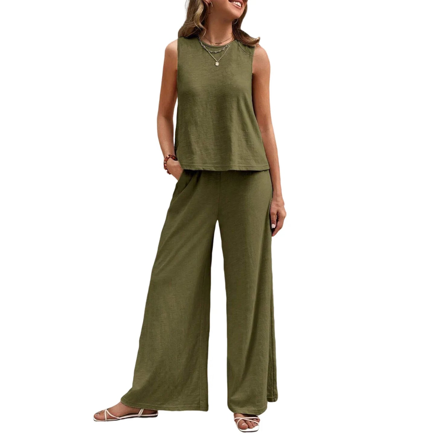 Casual Style Suit Set Fashionable Women's Cotton Linen Suit Sleeveless Vest Wide Leg Pants Set for Office or Casual Wear