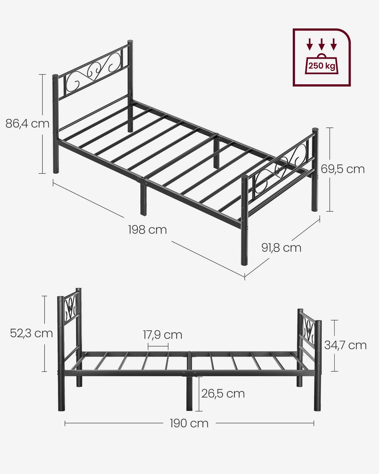 90 x 190 Bed Frame with Metal Base, Single Bed, Metal, Easy Assembly, for Small Spaces, Guest Room, Teen Room, Ink Black/White