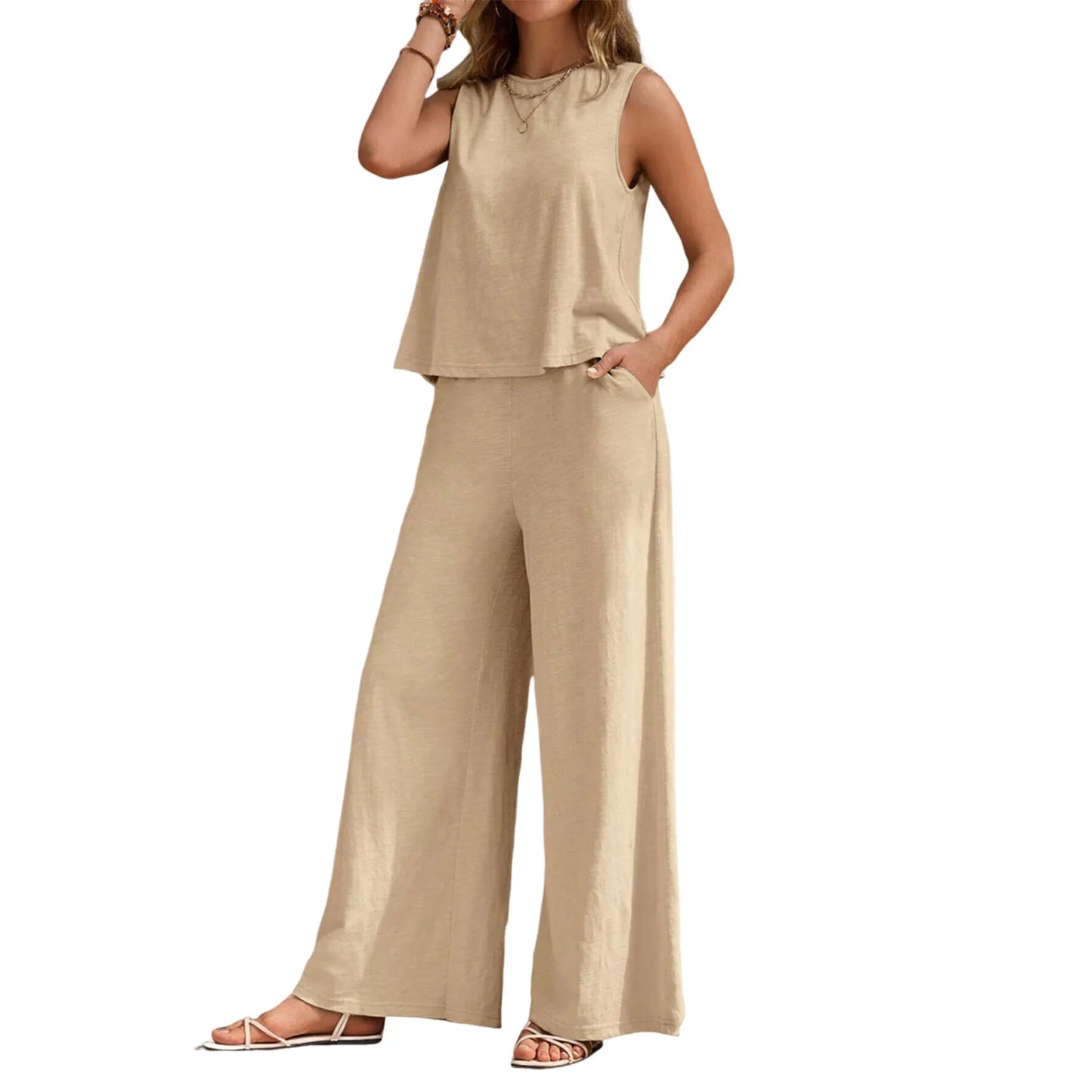 Casual Style Suit Set Fashionable Women's Cotton Linen Suit Sleeveless Vest Wide Leg Pants Set for Office or Casual Wear