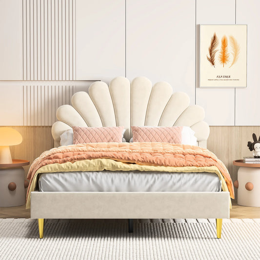 Anajqaqia 90/140x200cm Upholstered Bed, Wooden Double Bed with Flower Shape Headboard and Slatted Frame, Velvet Fabric, Beige