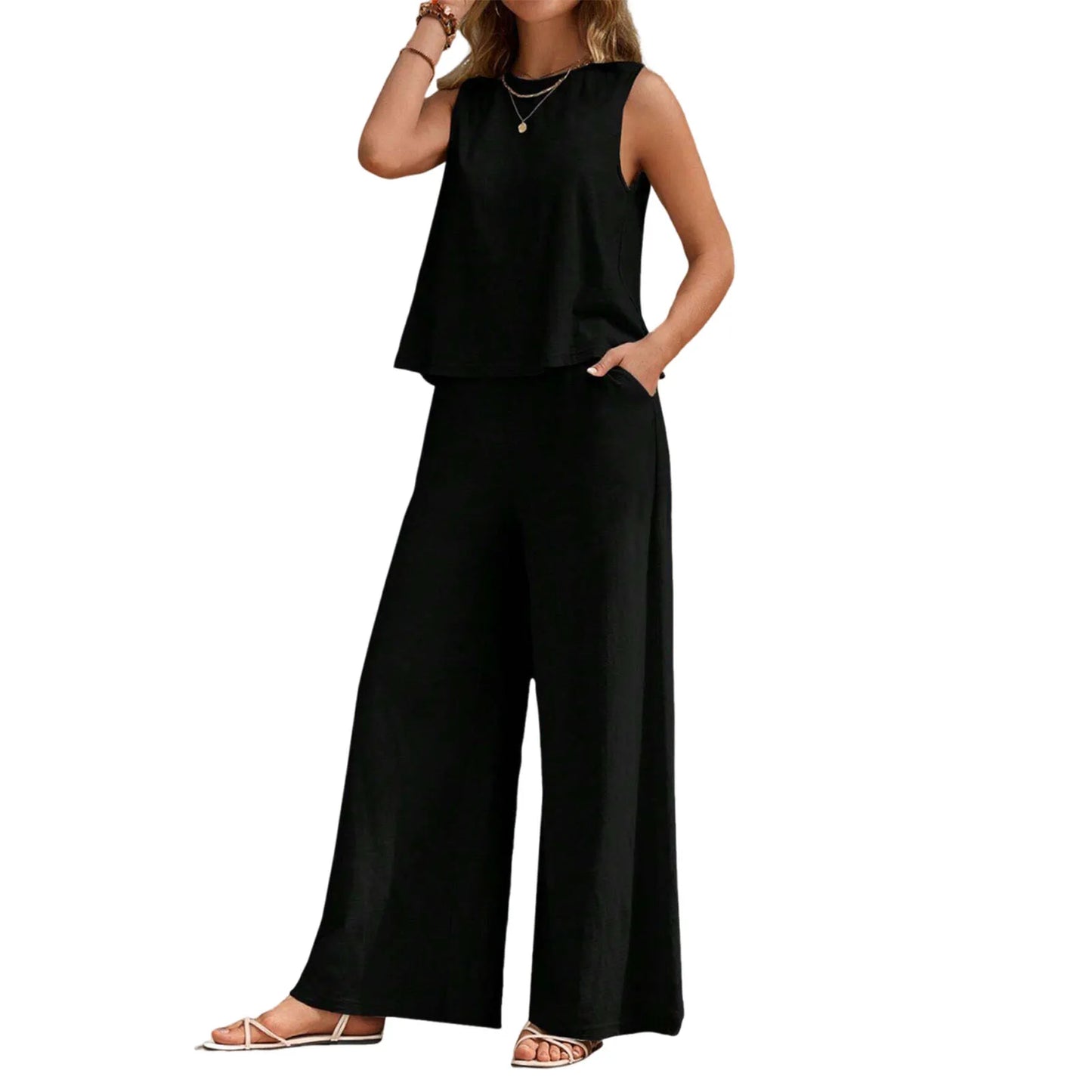 Casual Style Suit Set Fashionable Women's Cotton Linen Suit Sleeveless Vest Wide Leg Pants Set for Office or Casual Wear