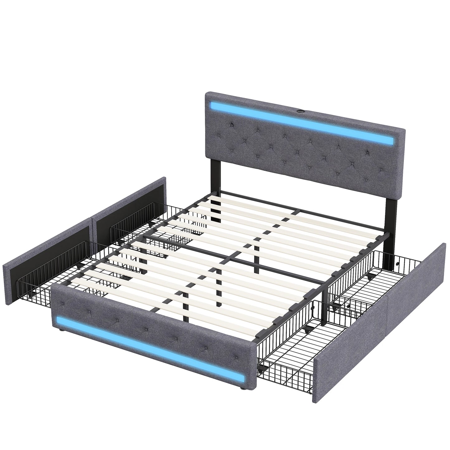 Comanlai Upholstered bed 140x200 cm with USB charging headboard and LED lighting and 4 drawers, double bed frame