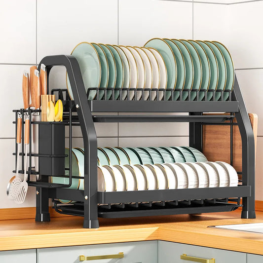Dish Drying Rack 2-Tier Compact Kitchen Dish Rack Drainboard Set Large Rust-Proof Dish Drainer with Utensil Holder