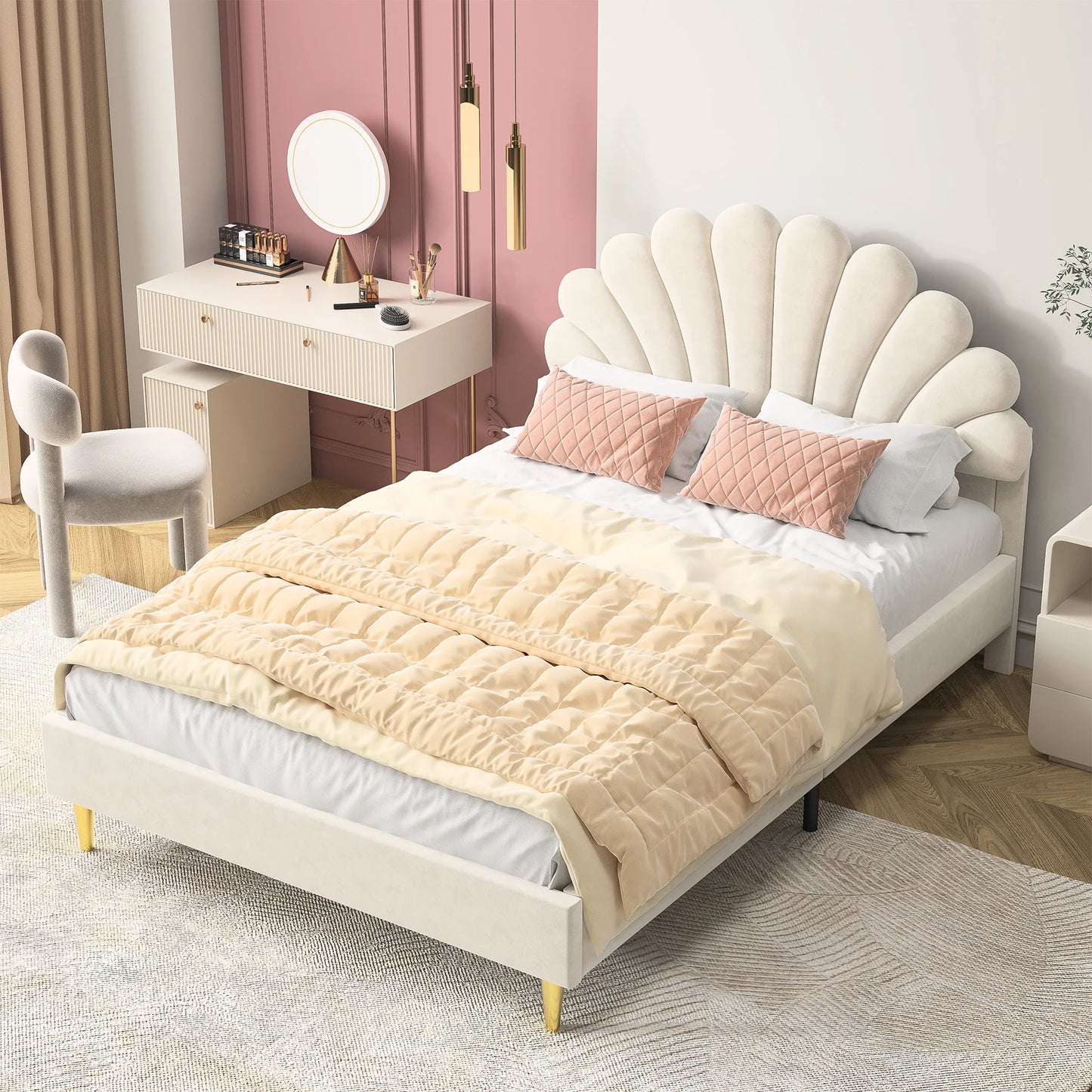 Anajqaqia 90/140x200cm Upholstered Bed, Wooden Double Bed with Flower Shape Headboard and Slatted Frame, Velvet Fabric, Beige