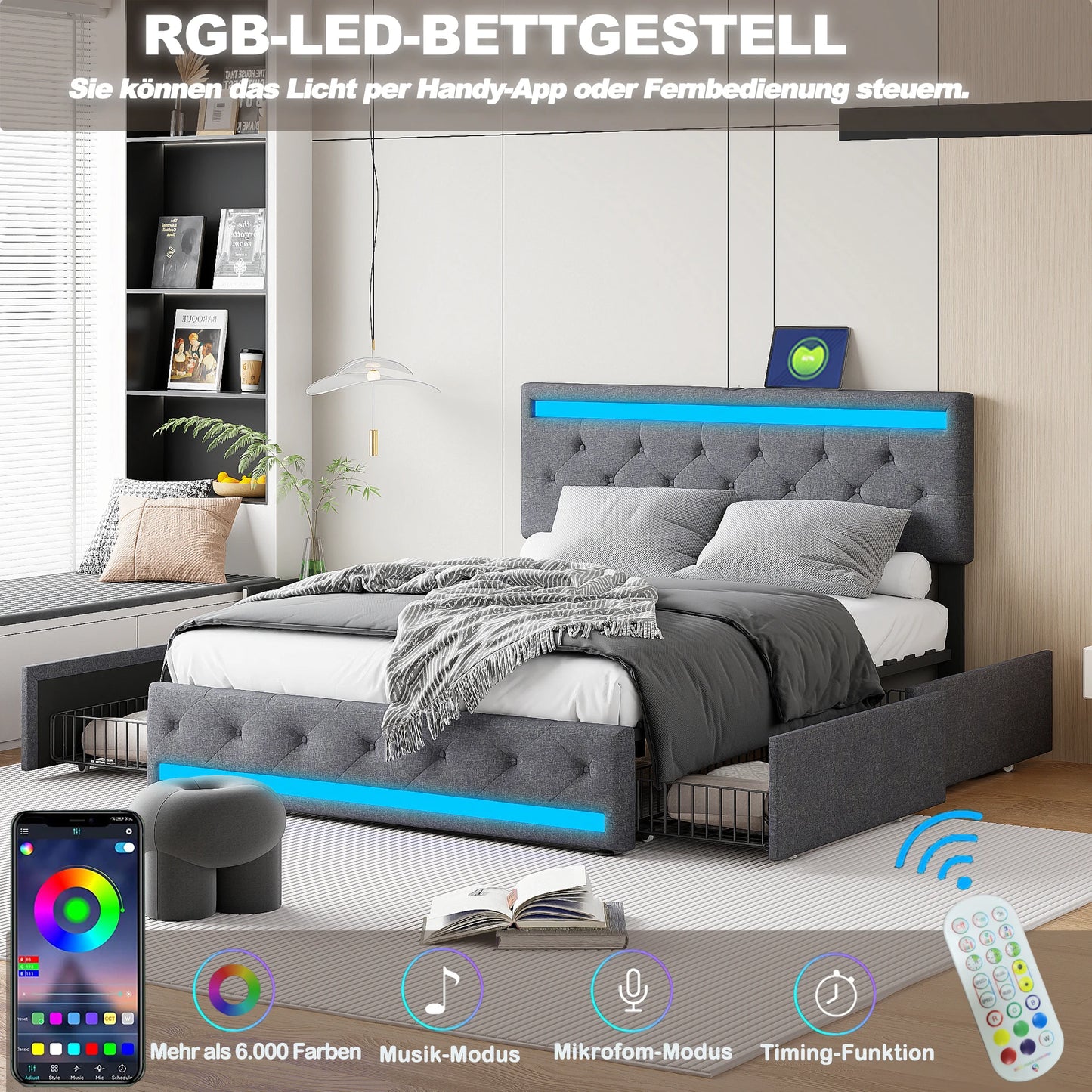 Comanlai Upholstered bed 140x200 cm with USB charging headboard and LED lighting and 4 drawers, double bed frame