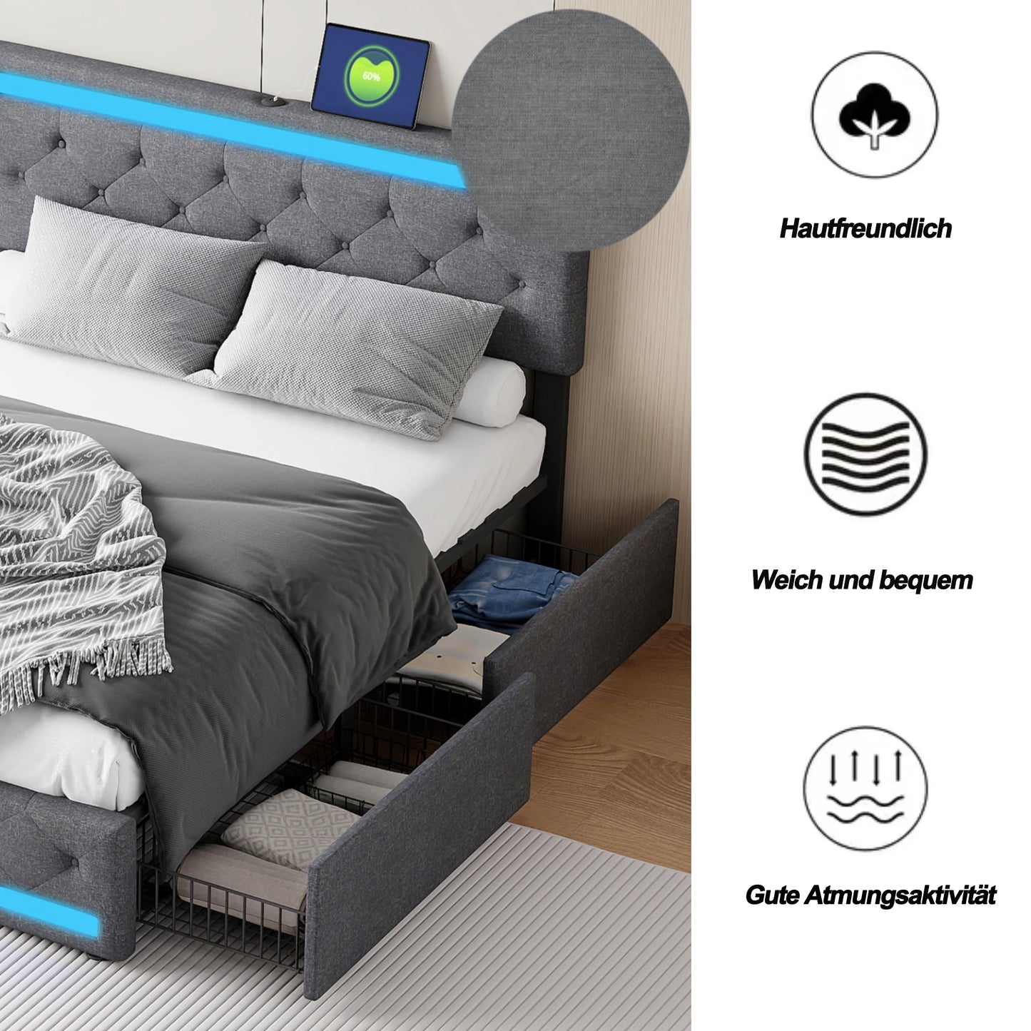 Comanlai Upholstered bed 140x200 cm with USB charging headboard and LED lighting and 4 drawers, double bed frame