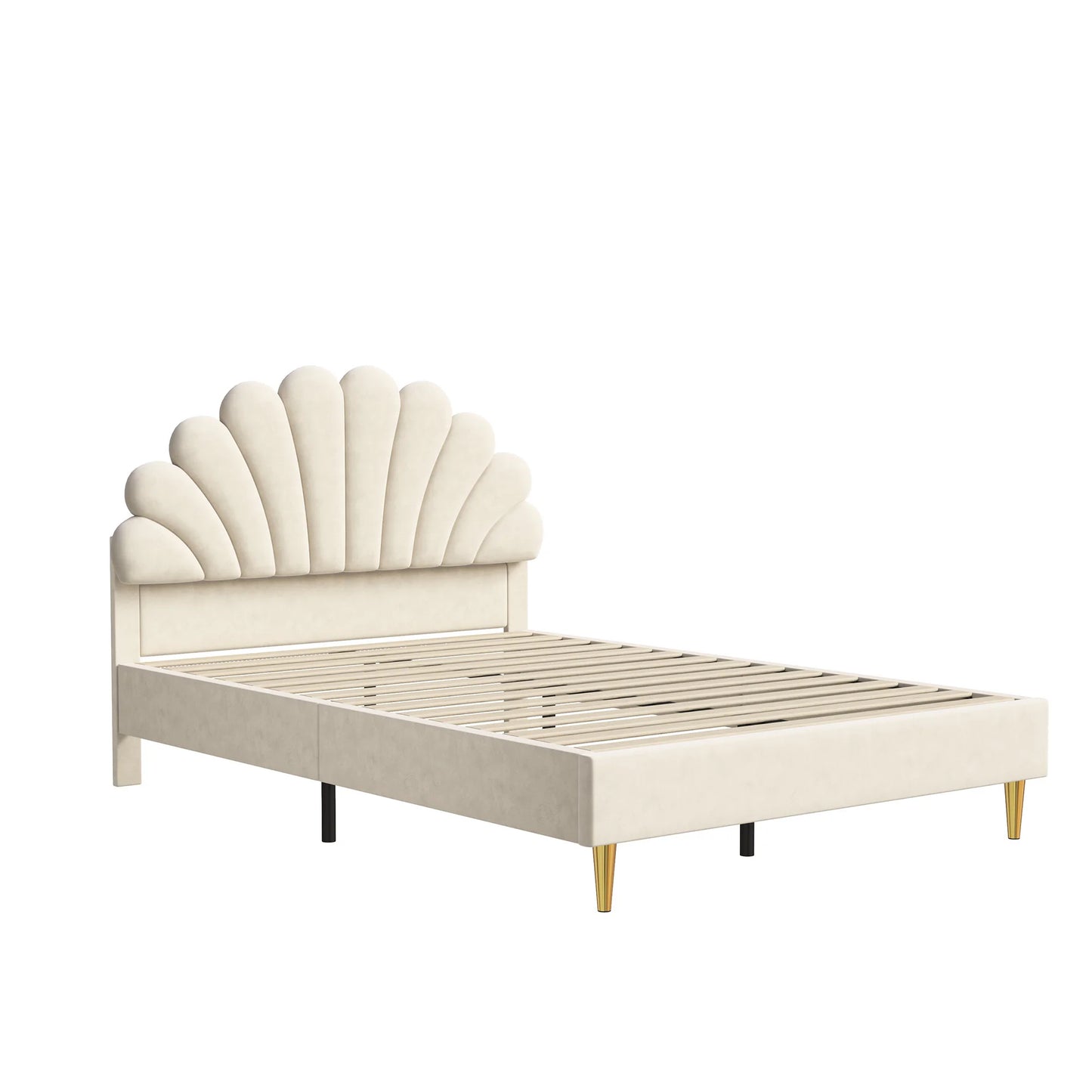 Anajqaqia 90/140x200cm Upholstered Bed, Wooden Double Bed with Flower Shape Headboard and Slatted Frame, Velvet Fabric, Beige