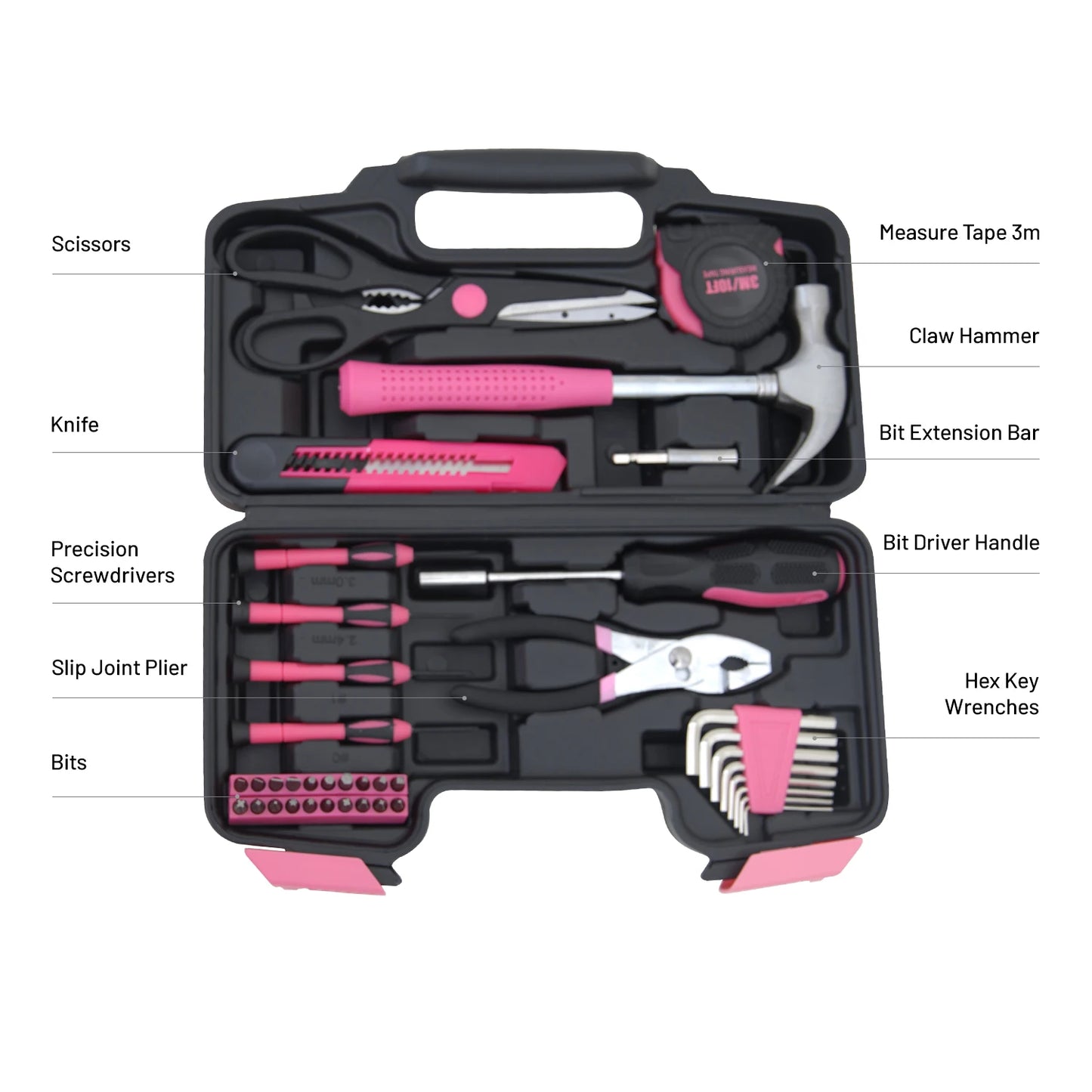 Pink Carbon Steel Tool Sets 39 PCS Socket Pliers Wrenches Scissors Hard Case Customizable Home Hardware Kit with OEM Support