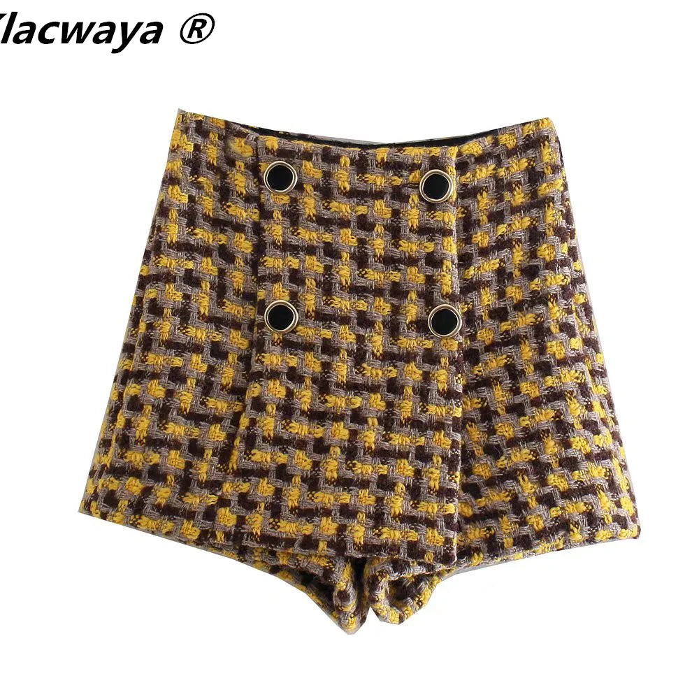 Tweed Set Women Suits 2021 Two Piece Set Women Double Breasted Blazer High Waist Skirt Shorts Plaid Women Suit With Shorts