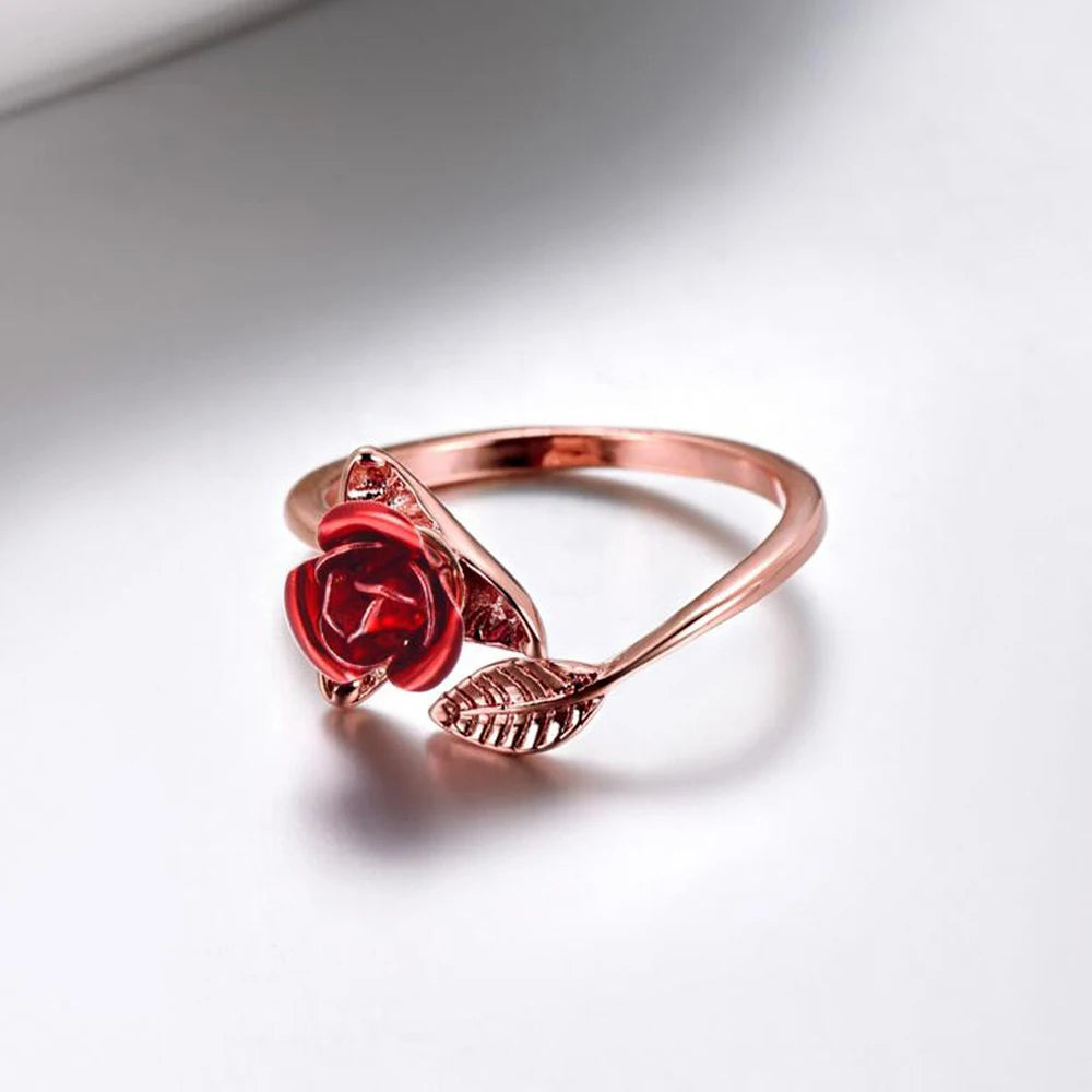 Red Rose Flower Leaves Opening Ring For Women Rhinestone Flowers Adjustable Finger Ring Valentine's Day Engagement Jewelry Gift