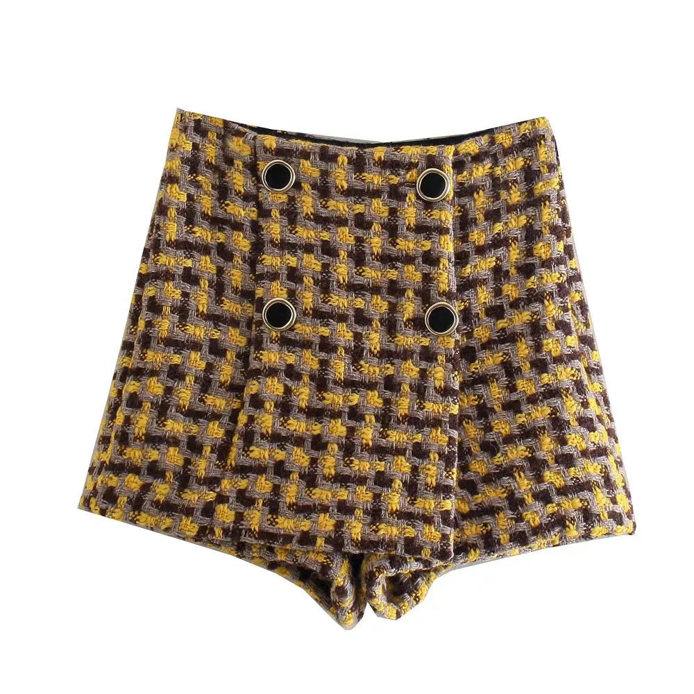 Tweed Set Women Suits 2021 Two Piece Set Women Double Breasted Blazer High Waist Skirt Shorts Plaid Women Suit With Shorts