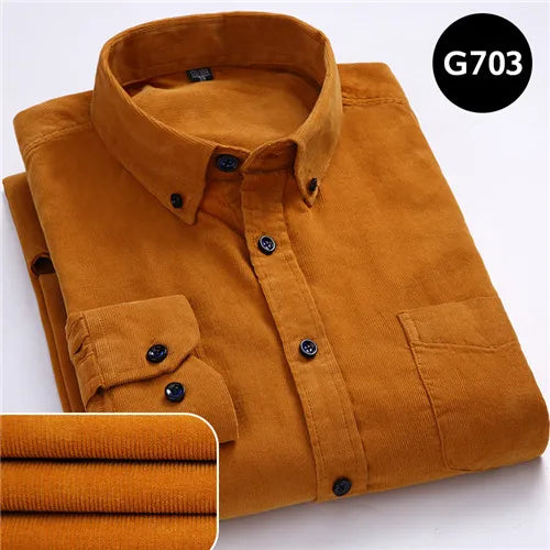 winter Warm Quality 100%cotton Corduroy long sleeved button collar smart casual shirts for men comfortable 50-110kg