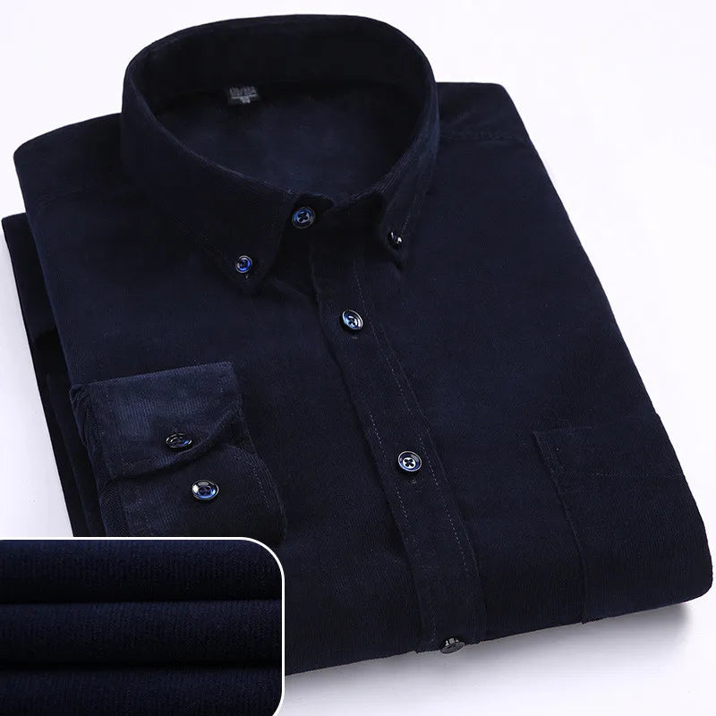 winter Warm Quality 100%cotton Corduroy long sleeved button collar smart casual shirts for men comfortable 50-110kg