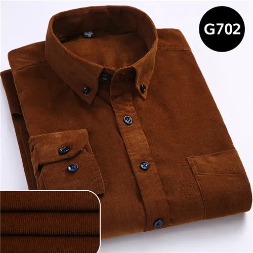 winter Warm Quality 100%cotton Corduroy long sleeved button collar smart casual shirts for men comfortable 50-110kg