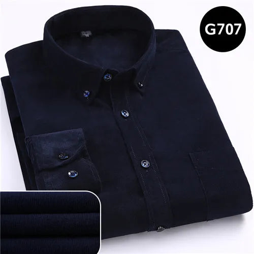 winter Warm Quality 100%cotton Corduroy long sleeved button collar smart casual shirts for men comfortable 50-110kg