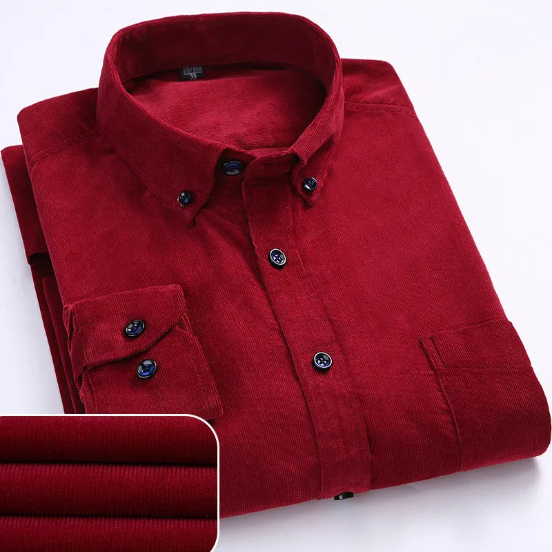 winter Warm Quality 100%cotton Corduroy long sleeved button collar smart casual shirts for men comfortable 50-110kg