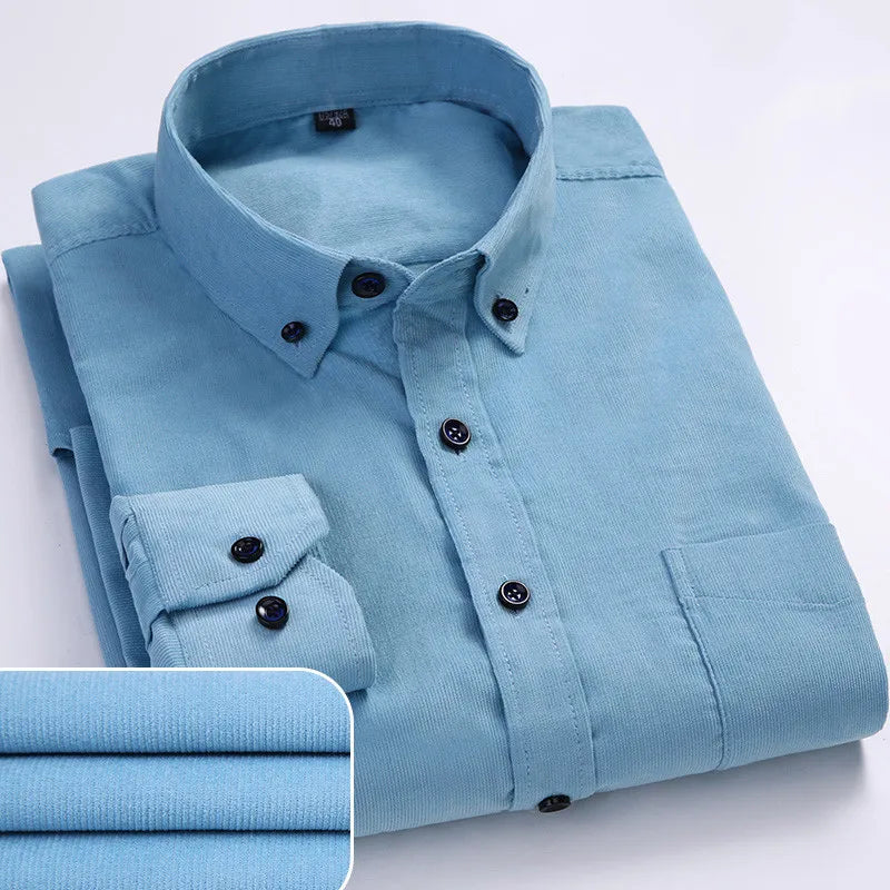 winter Warm Quality 100%cotton Corduroy long sleeved button collar smart casual shirts for men comfortable 50-110kg