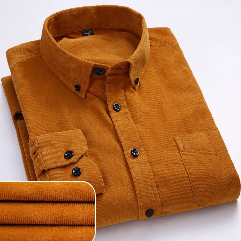 winter Warm Quality 100%cotton Corduroy long sleeved button collar smart casual shirts for men comfortable 50-110kg