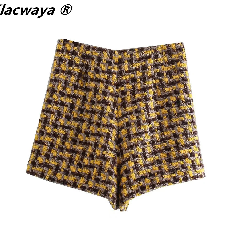 Tweed Set Women Suits 2021 Two Piece Set Women Double Breasted Blazer High Waist Skirt Shorts Plaid Women Suit With Shorts