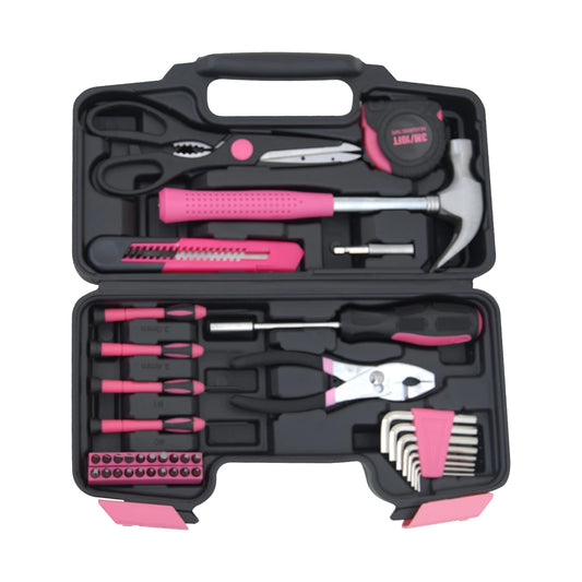 Pink Carbon Steel Tool Sets 39 PCS Socket Pliers Wrenches Scissors Hard Case Customizable Home Hardware Kit with OEM Support