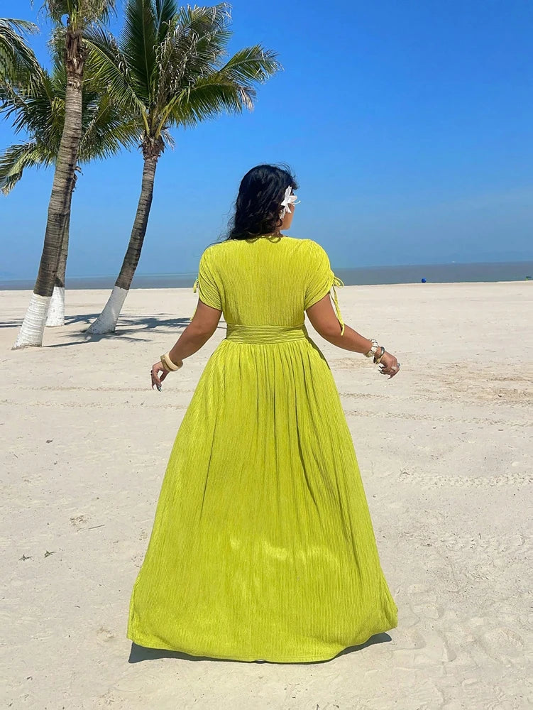 Plus Size Women's Holiday Casual Seaside Bright Waisted Short Sleeve Dress Romantic Holiday Pure Colour Pullover