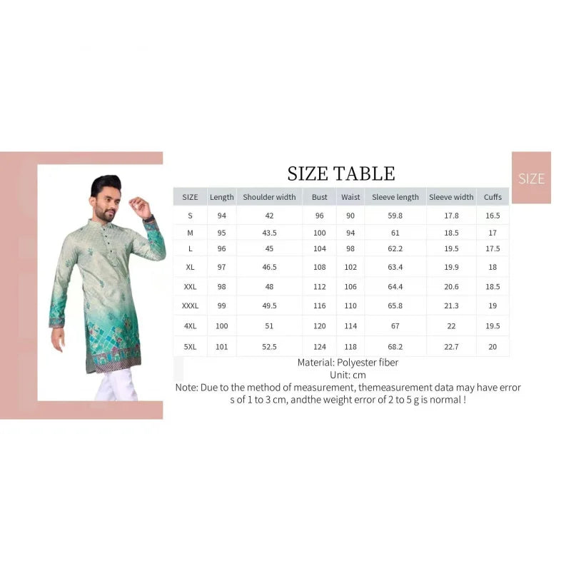 2025 Men Digital Printed Kurta Shirt Regular Fit Mandarin Collar Long Suitable All Occasions Such Wedding Hari Raya Aidilfitri
