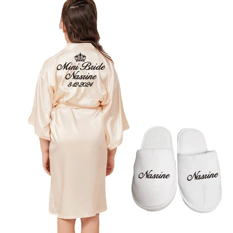 Customize Name Date Flower Girl Kimono Robes Wedding Bathrobes Pajamas Kids robe+belt Nightdress Brial Party Kid Robe