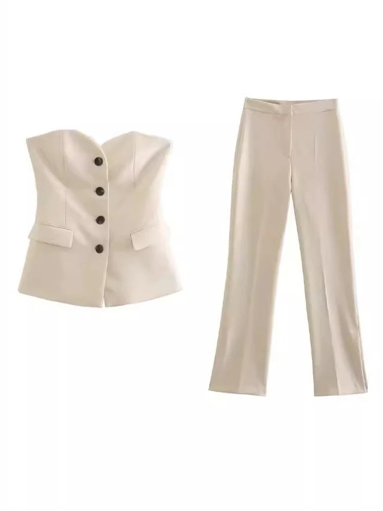 Women 2 Piece Set Strapless Top Sleeveless Straight Pants Outfits Single Breasted Ensemble High Waist Trousers Office Lady Suits