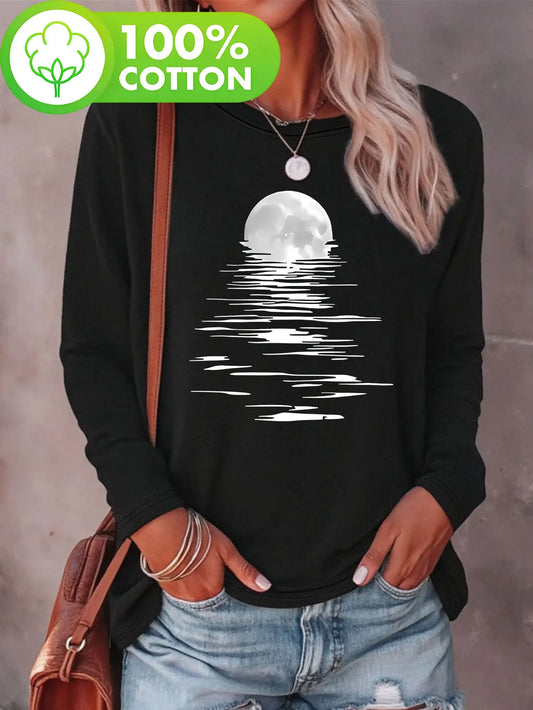 Women'S 100% Cotton Moon Art Long Sleeve T-Shirt Casual Crew Neck Fall Winter Fashion Top with Moon & Stars Design