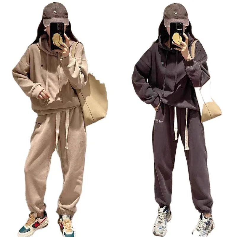 Korean Style Women's Casual Outfit Letter Embroidery Hoodie And Trousers Set Fashionable Spring Autumn Two-Piece Suit