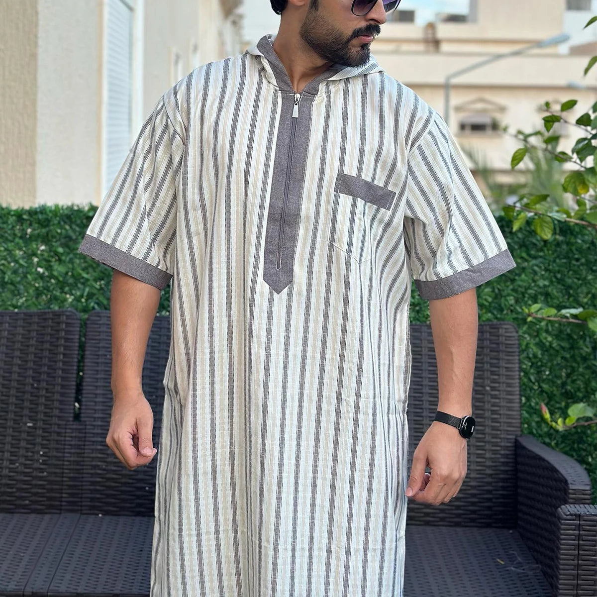 2025Islamic muslim Arabic men's robe long sleeve embroidered stand collar arabian thobe for men