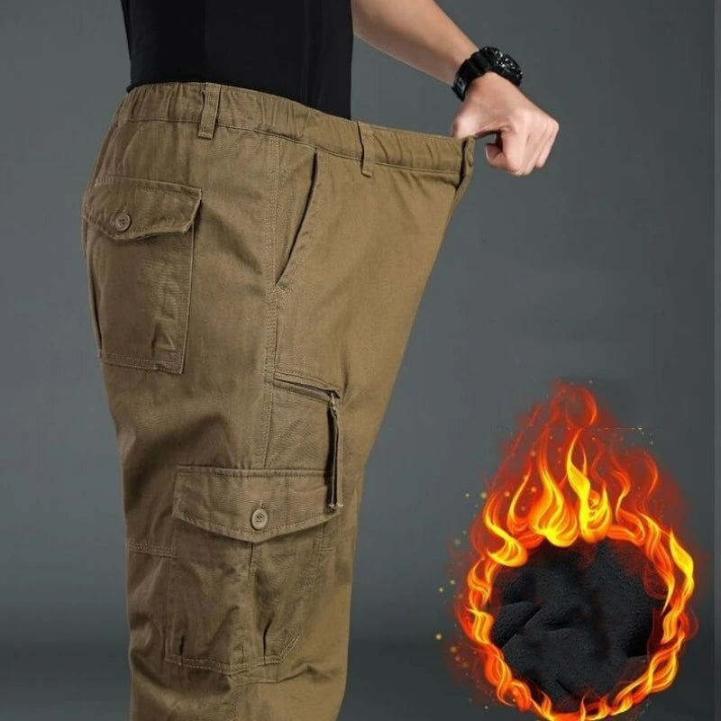 Winter Cargo Fleece Pants Men Thick Warm Straight Trousers Casual Multi Pockets Wear Resistant Baggy Tactical Cotton Work Pants