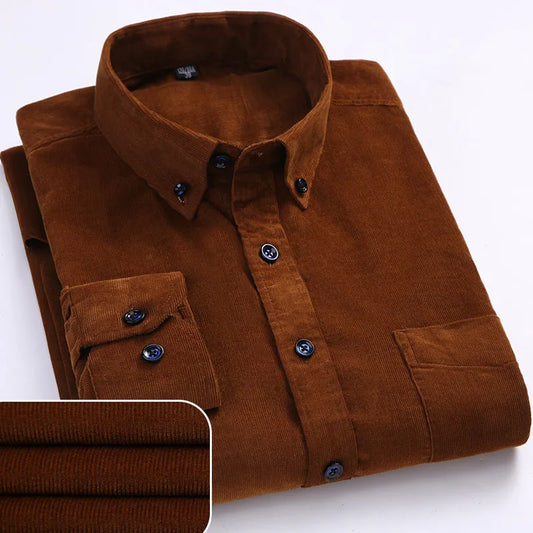 winter Warm Quality 100%cotton Corduroy long sleeved button collar smart casual shirts for men comfortable 50-110kg